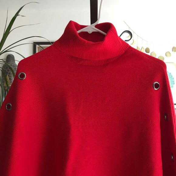 CROSSTREE LANE Unstructured Red Fringe Poncho Turtleneck Sweater O/S - Picture 4 of 4